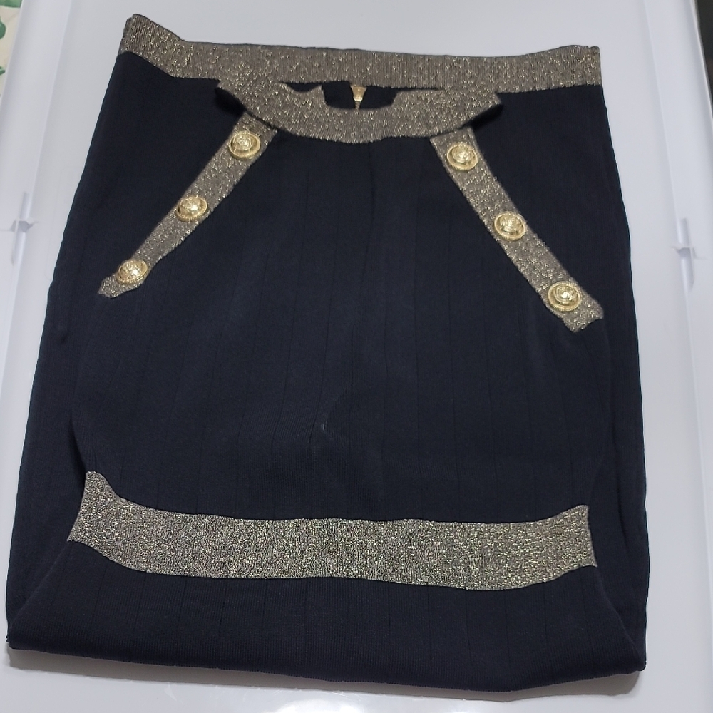 Black Knit Halter Dress With Gold Buttons And Metallic Lurex Trims - Picture 6 of 11